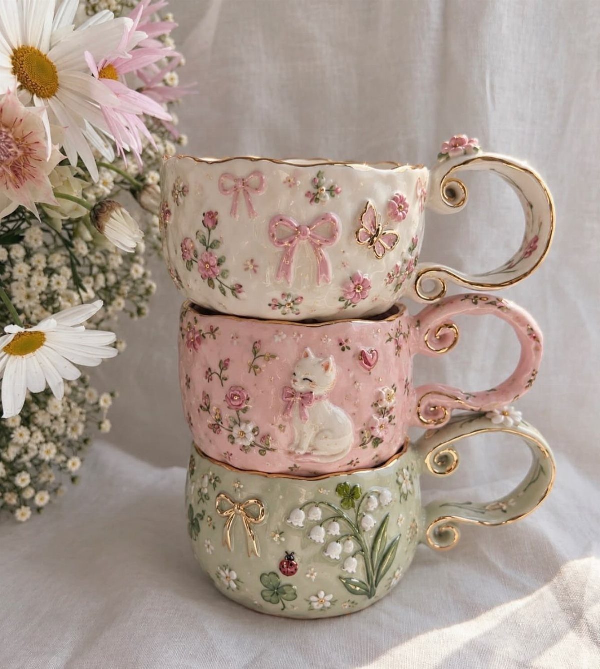 Three decorative ceramic mugs with floral and animal designs stacked against white fabric.
