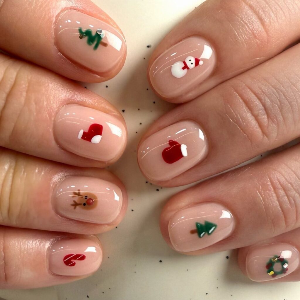Short natural nails with festive Christmas nail art including trees and snowmen.