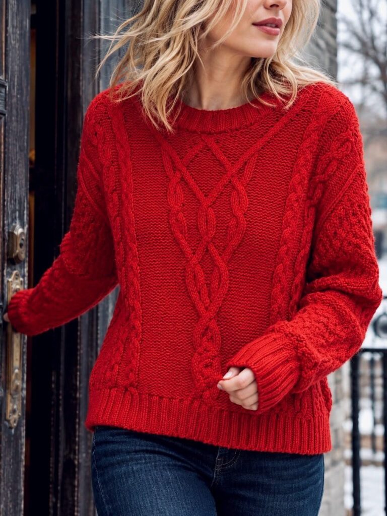 Woman wearing a red cable-knit sweater and blue jeans standing outdoors.