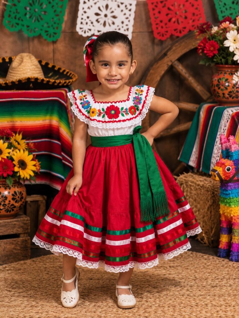 Young girl in traditional Mexican dress with a red bow in her hair.