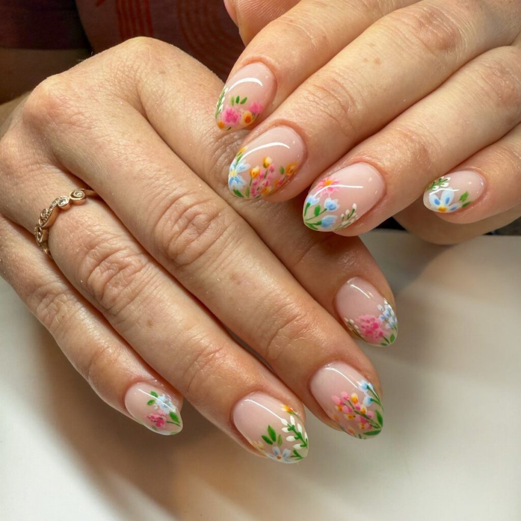 Nude almond nails decorated with colorful spring floral nail art and a gold ring.