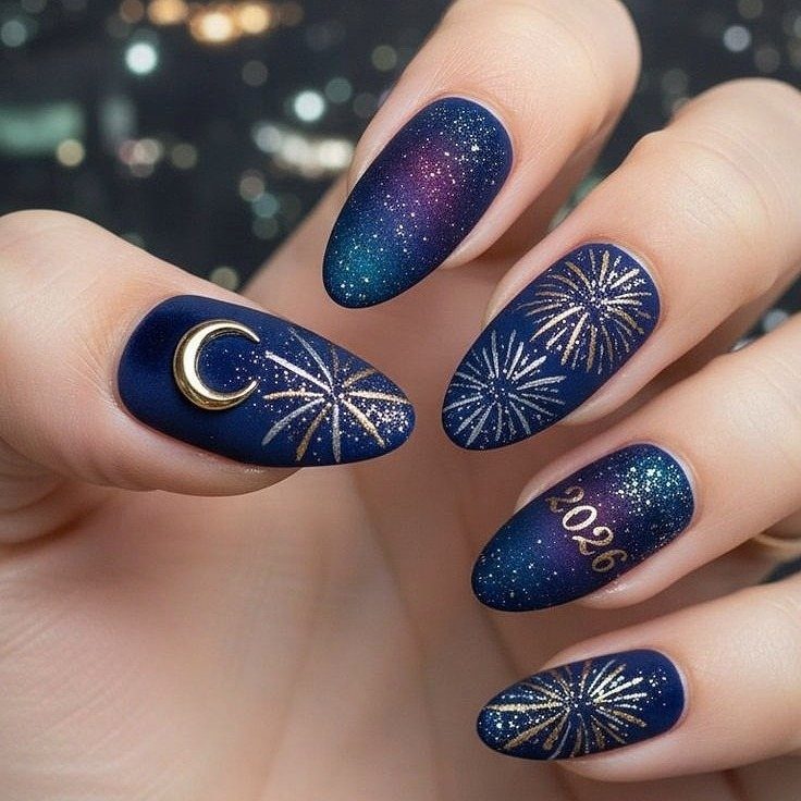 Dark blue almond nails with gold fireworks, a crescent moon, and 2026 lettering.