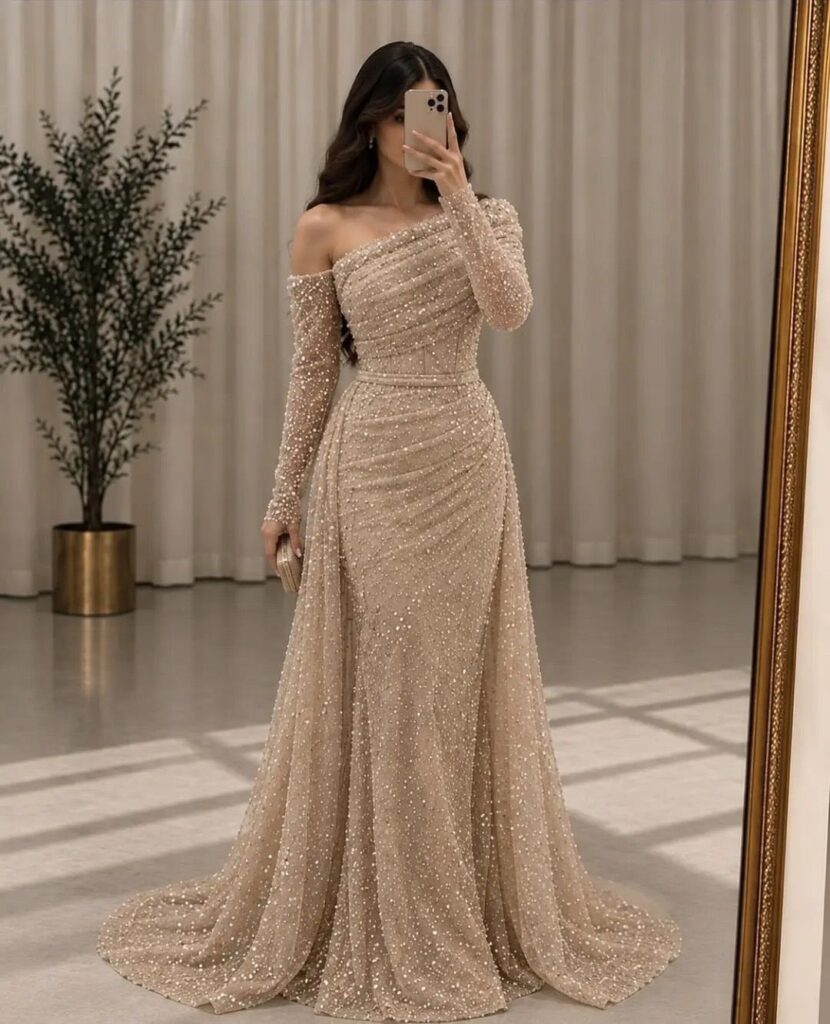 Woman in a gold sequined floor-length gown posing for a mirror selfie.