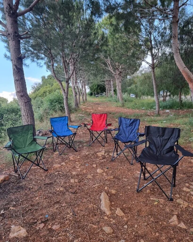 Five colorful foldable camp chairs arranged in a circle under pine trees.