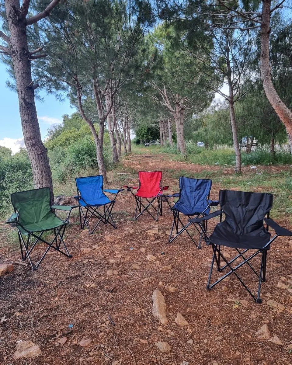 Five colorful foldable camp chairs arranged in a circle under pine trees.
