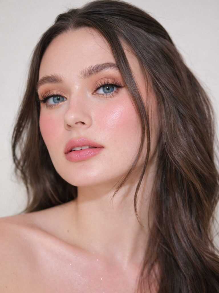 Woman with warm peachy eyeshadow, pink blush, and glossy lips posing for portrait